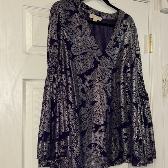Michael Kors dark purple silver print v neck long statement sleeve dressy top 0X - Picture 4 of 10
